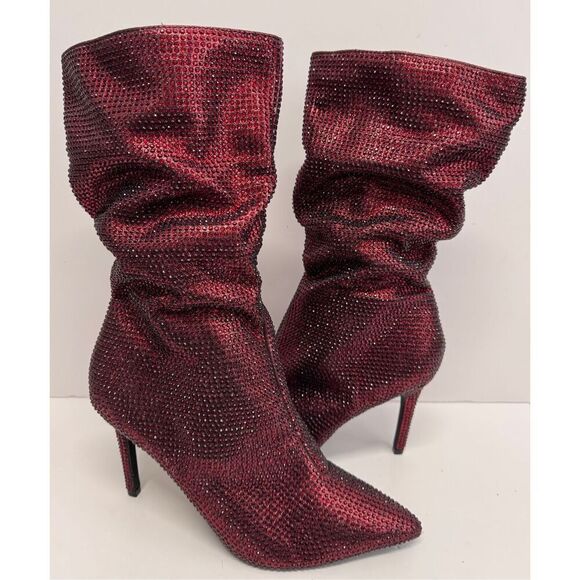 Thalia Mid Calf Boots Size 10‎ Red Embellished Slouchy Pointed Toe High Heel - Picture 2 of 9